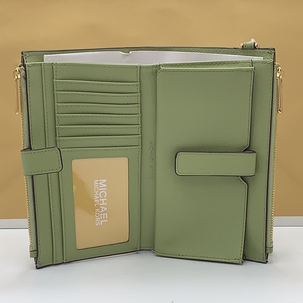 MICHAEL KORS LARGE DOUBLE ZIP WRISTLET WALLET LIGHT SAGE COLOR - Picture 2 of 12